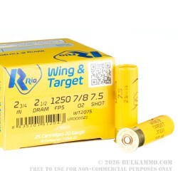 250 Rounds of 20ga Ammo by Rio Wing & Target - 7/8 ounce #7-1/2 shot