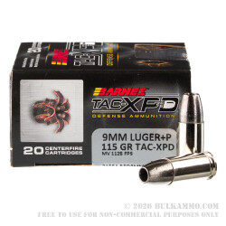200 Rounds of 9mm +P Ammo by Barnes TAC-XPD - 115gr SCHP