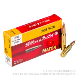 20 Rounds of .308 Win Ammo by Sellier & Bellot - 168gr HPBT 20 Rounds of .308 Win Ammo by Sellier & Bellot - 168gr HPBT