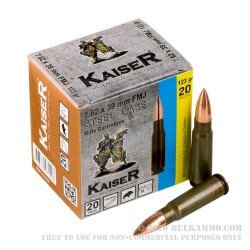 20 Rounds of 7.62x39 Ammo by Kaiser - 123gr FMJ