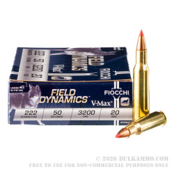 20 Rounds of .222 Rem Ammo by Fiocchi - 50gr VMAX