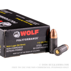 50 Rounds of 9mm Ammo by Wolf WPA Polyformance - 115gr FMJ 50 Rounds of 9mm Ammo by Wolf WPA Polyformance - 115gr FMJ