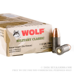50 Rounds of 9mm Ammo by Wolf WPA Military Classic - 115gr FMJ 50 Rounds of 9mm Ammo by Wolf WPA Military Classic - 115gr FMJ