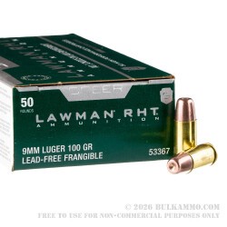 50 Rounds of 9mm Ammo by Speer Lawman RHT - 100gr Frangible