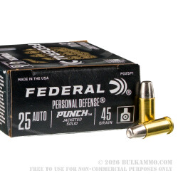 20 Rounds of .25 ACP Ammo by Federal Punch - 45gr Jacketed Solid