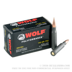 500 Rounds of .308 Win Ammo by Wolf WPA Polyformance - 145gr FMJ 500 Rounds of .308 Win Ammo by Wolf WPA Polyformance - 145gr FMJ