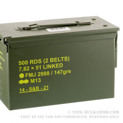 500 Rounds of 7.62x51 Linked Ammo by Sellier & Bellot - 147gr FMJ M80
