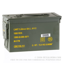 1000 Rounds of 5.56x45 Ammo by Magtech/CBC in Ammo Can - 55 gr FMJ **Surplus Ammo - Manufactured early 2000's** 1000 Rounds of 5.56x45 Ammo by Magtech/CBC in Ammo Can - 55 gr FMJ **Surplus Ammo - Manufactured early 2000's**