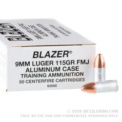 50 Rounds of 9mm Ammo by Blazer Aluminum - 115gr FMJ 50 Rounds of 9mm Ammo by Blazer Aluminum - 115gr FMJ