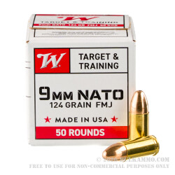 50 Rounds of 9mm NATO Ammo by Winchester USA - 124gr FMJ