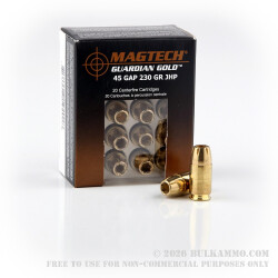 20 Rounds of .45 GAP Ammo by Magtech Guardian Gold - 230gr JHP 20 Rounds of .45 GAP Ammo by Magtech Guardian Gold - 230gr JHP