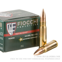20 Rounds of 7.62x39mm Ammo by Fiocchi - 124gr FMJ