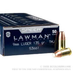 1000 Rounds of 9mm Ammo by Speer Lawman - 135gr TMJ