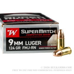 500 Rounds of 9mm Ammo by Winchester Super Match Minor Power Factor - 124gr FMJ RN