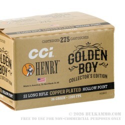 275 Rounds of .22 LR Ammo by CCI Henry Golden Boy Edition - 36gr CPHP