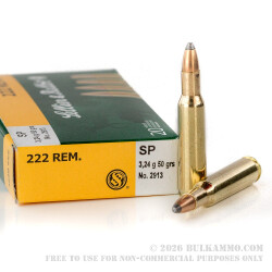 20 Rounds of .222 Rem Ammo by Sellier & Bellot - 50gr SP 20 Rounds of .222 Rem Ammo by Sellier & Bellot - 50gr SP