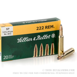 20 Rounds of .222 Rem Ammo by Sellier & Bellot - 50gr SP 20 Rounds of .222 Rem Ammo by Sellier & Bellot - 50gr SP