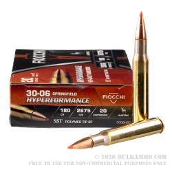 20 Rounds of 30-06 Springfield Ammo by Fiocchi - 180gr SST