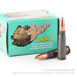 20 Rounds of 7.62x39mm Ammo by Brown Bear Polymer Coated - 123gr HP 20 Rounds of 7.62x39mm Ammo by Brown Bear Polymer Coated - 123gr HP