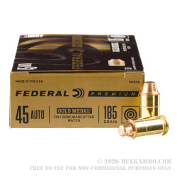 50 Rounds of .45 ACP Ammo by Federal Gold Medal Match - 185gr FMJSWC