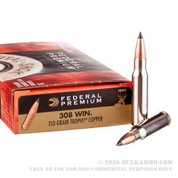 20 Rounds of .308 Win Ammo by Federal Premium Vital-Shok - 150gr Trophy Copper Polymer Tipped