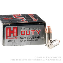 250 Rounds of 9mm +P Ammo by Hornady Critical Duty- 124gr JHP