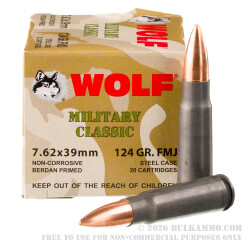 20 Rounds of 7.62x39mm Ammo by Wolf WPA Military Classic - 124gr FMJ
