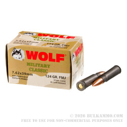 20 Rounds of 7.62x39mm Ammo by Wolf WPA Military Classic - 124gr FMJ