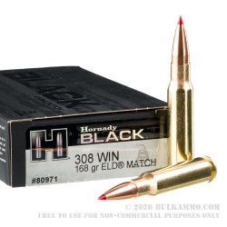 200 Rounds of .308 Win Ammo by Hornady BLACK - 168gr ELD Match