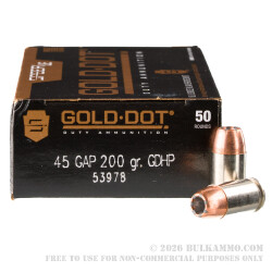 50 Rounds of .45 GAP Ammo by Speer Gold Dot - 200gr JHP