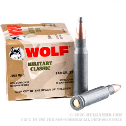 20 Rounds of .308 Win Ammo by Wolf - 140gr SP 20 Rounds of .308 Win Ammo by Wolf - 140gr SP