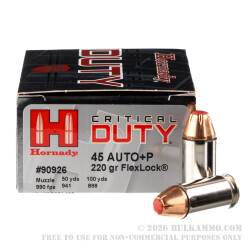 20 Rounds of .45 ACP +P Ammo by Hornady Critical Duty - 220gr JHP