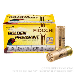 25 Rounds of 12ga Ammo by Fiocchi Golden Pheasant - 1 3/8 ounce #6 Nickel Plated shot