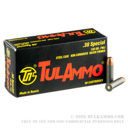 1000 Rounds of .38 Spl Ammo by Tula - 130gr FMJ 1000 Rounds of .38 Spl Ammo by Tula - 130gr FMJ