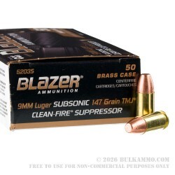 50 Rounds of 9mm Ammo by Blazer Brass Clean-Fire Suppressor - 147gr TMJ FN