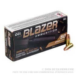 50 Rounds of 9mm Ammo by Blazer Brass Clean-Fire Suppressor - 147gr TMJ FN