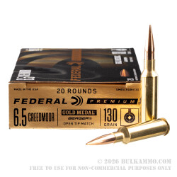 20 Rounds of 6.5 mm Creedmoor Ammo by Federal - 130gr Berger Hybrid OTM
