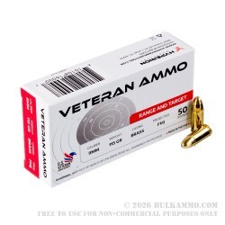 1000 Rounds of 9mm Ammo by Veteran Ammo - 115gr FMJ