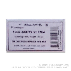 50 Rounds of 9mm Ammo by Sellier & Bellot - 115gr FMJ 50 Rounds of 9mm Ammo by Sellier & Bellot - 115gr FMJ