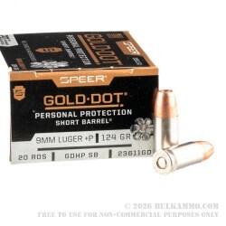 200 Rounds of 9mm +P Ammo by Speer Gold Dot Short Barrel - 124gr JHP