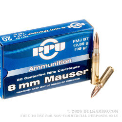 20 Rounds of 8x57 mm JS Mauser Ammo by Prvi Partizan - 198gr FMJBT 20 Rounds of 8x57 mm JS Mauser Ammo by Prvi Partizan - 198gr FMJBT
