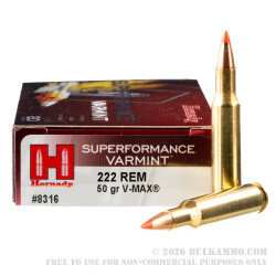 20 Rounds of .222 Rem Ammo by Hornady Superformance - 50gr V-Max