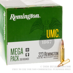 200 Round Mega Pack of .223 Ammo by Remington - 55gr MC