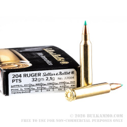 20 Rounds of .204 Ruger Ammo by Sellier & Bellot - 32 gr PTS 20 Rounds of .204 Ruger Ammo by Sellier & Bellot - 32 gr PTS