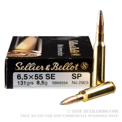 20 Rounds of 6.5x55mm SE Ammo by Sellier & Bellot - 131gr SP