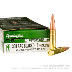 200 Rounds of .300 AAC Blackout Ammo by Remington Subsonic - 220gr OTFB 200 Rounds of .300 AAC Blackout Ammo by Remington Subsonic - 220gr OTFB