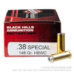 50 Rounds of .38 Spl Ammo by Black Hills Ammunition - 148gr Hollow Back Wadcutter (HBWC)