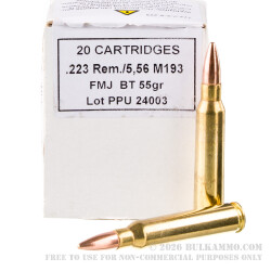 20 Rounds of 5.56x45 Ammo by Prvi Partizan - 55gr FMJBT M193