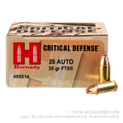 250 Rounds of .25 ACP Ammo by Hornady Critical Defense - 35gr FTX