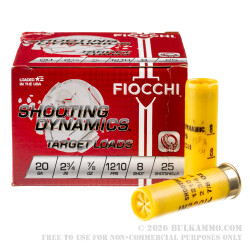 25 Rounds of 20ga Ammo by Fiocchi - 7/8 ounce #8 shot